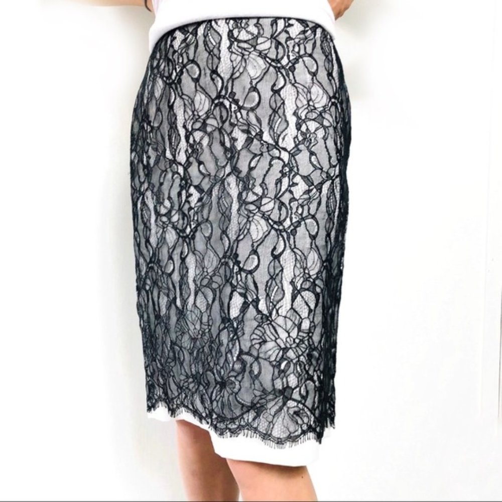 Ann Taylor 6 lace overlay pencil midi skirt STUNNING black white delicate
